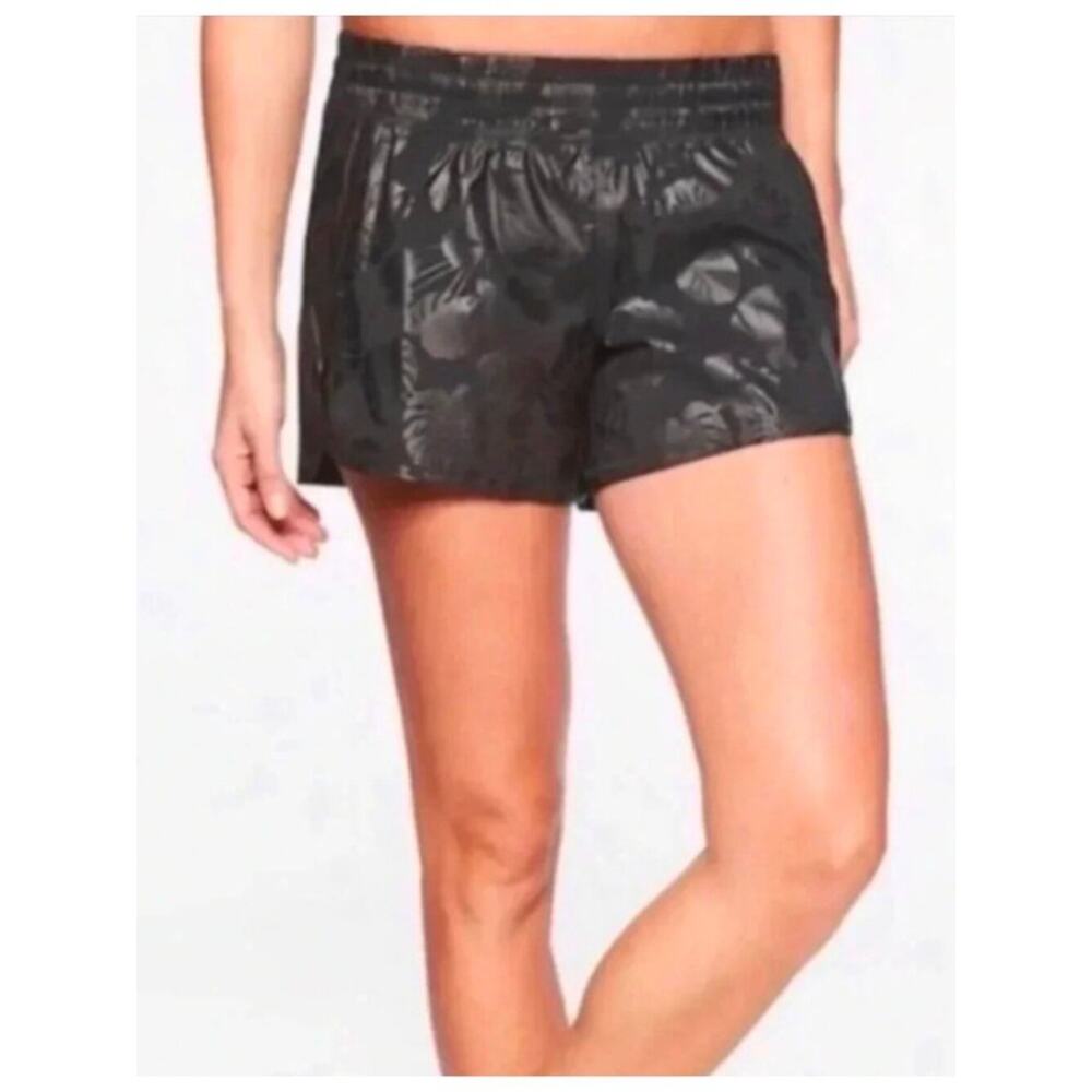Athleta Racer Run Black Leaf Print Embossed Lined Running Shorts Size Med/Lg
